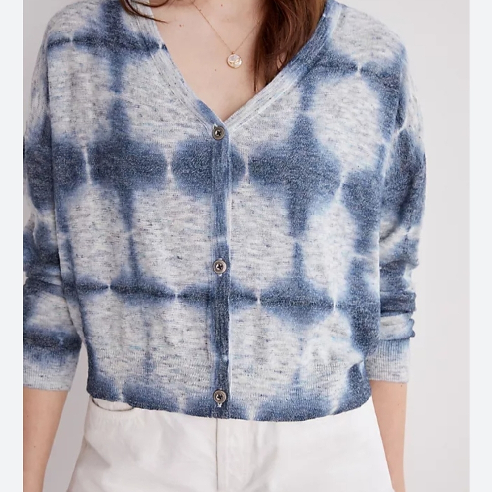 Pilcro Blue and White Tie-Dye V-Neck Button Cardigan